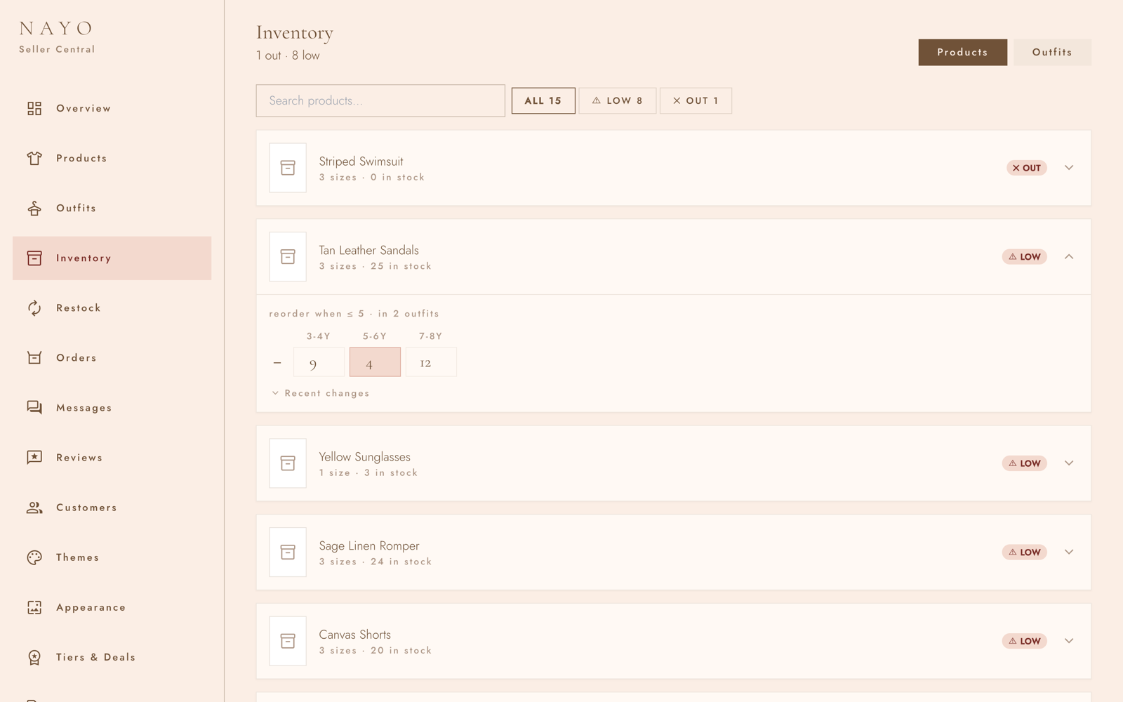 Inventory — per-size stock matrix, reorder point, outfit-gating, movement ledger