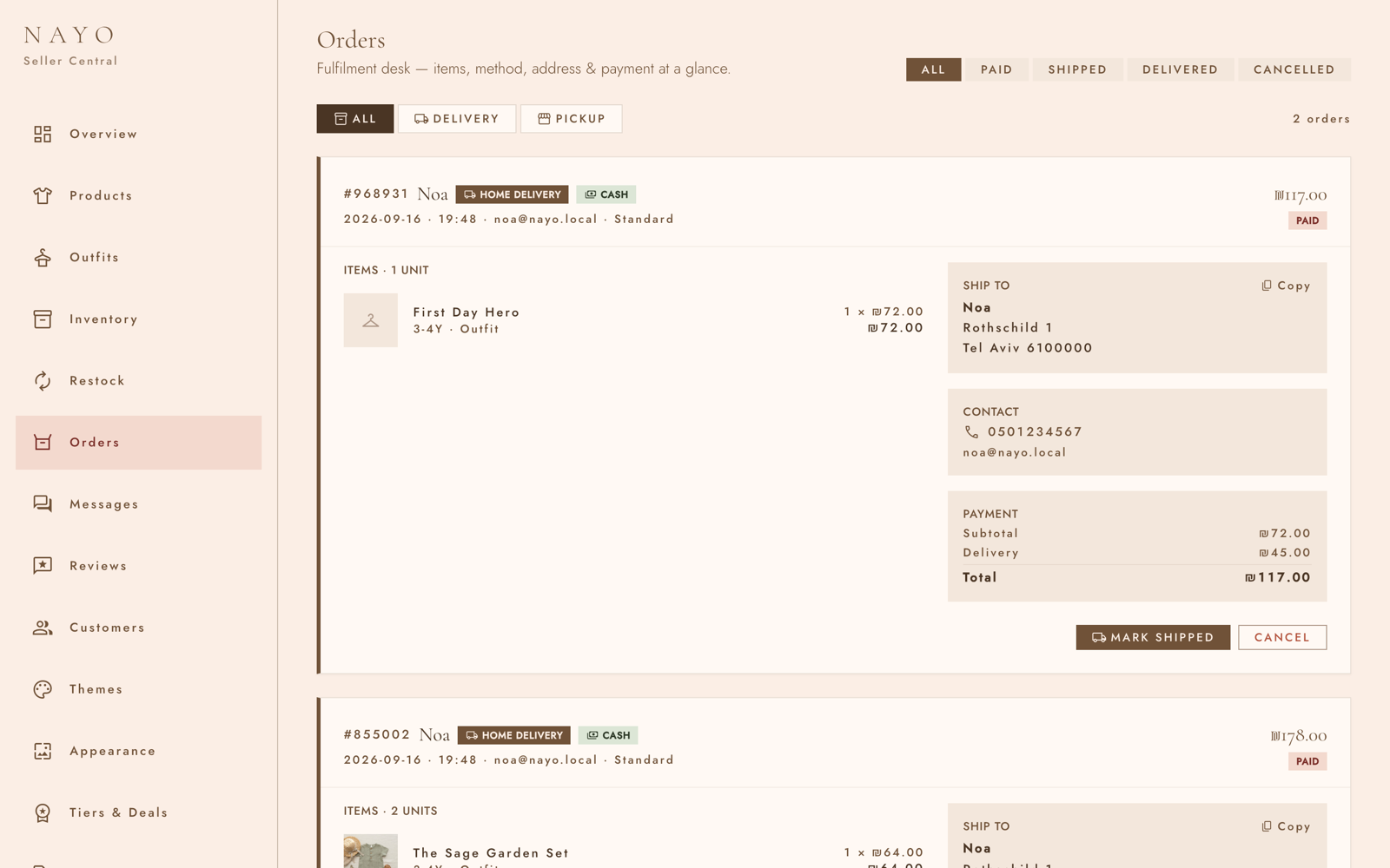 Orders — per-line outfit and size detail