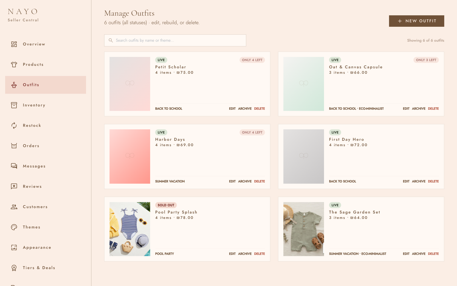 Manage Outfits — live, sold-out and low-stock statuses